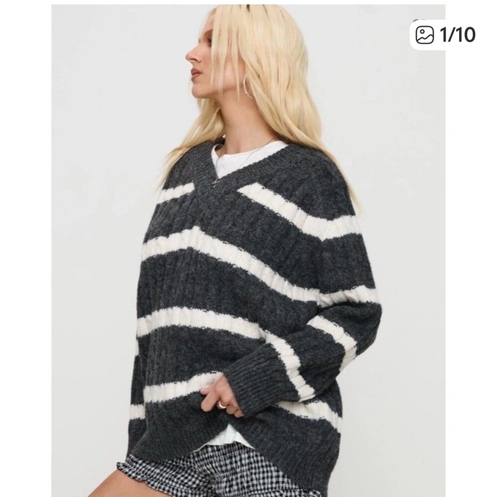 Princess Polly Striped Gray and White Ribbed Knit V-Neck Sweater Size S/M